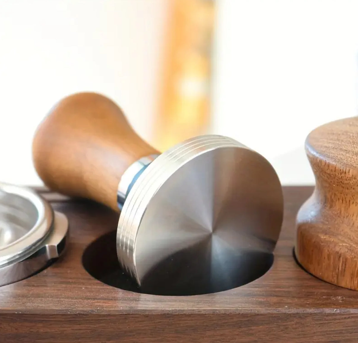 Edelstahl Tamper mit Holzgriff 51 mm + 58 mm