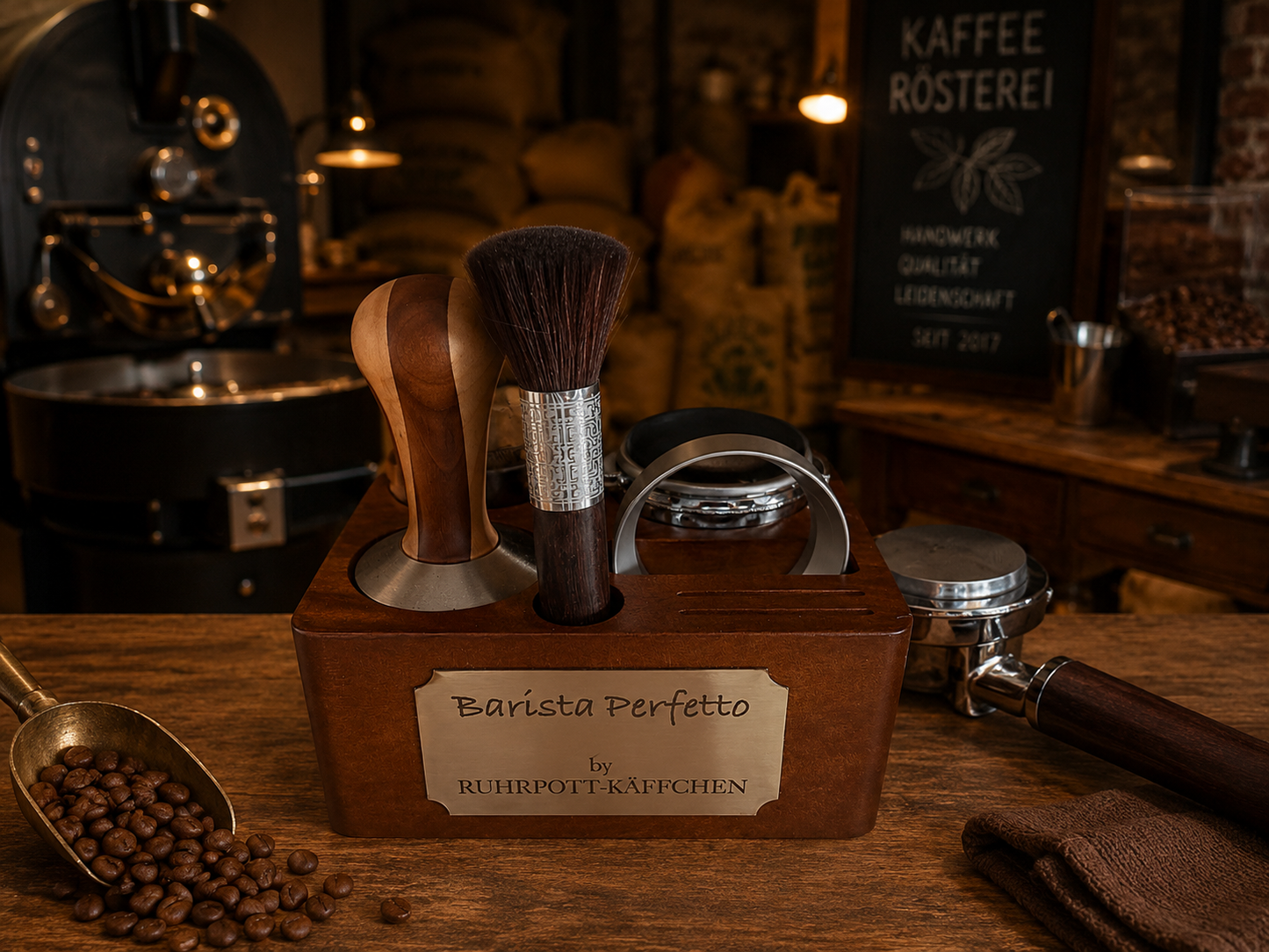 Holz Tamperstation "Barista Perfetto"  für 58mm Siebträger --Personalisierbar--