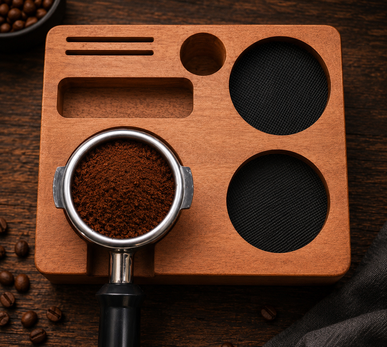 Holz Tamperstation "Barista Perfetto"  für 58mm Siebträger --Personalisierbar--