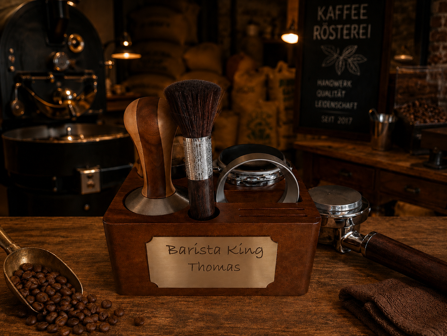 Holz Tamperstation "Barista Perfetto"  für 58mm Siebträger --Personalisierbar--