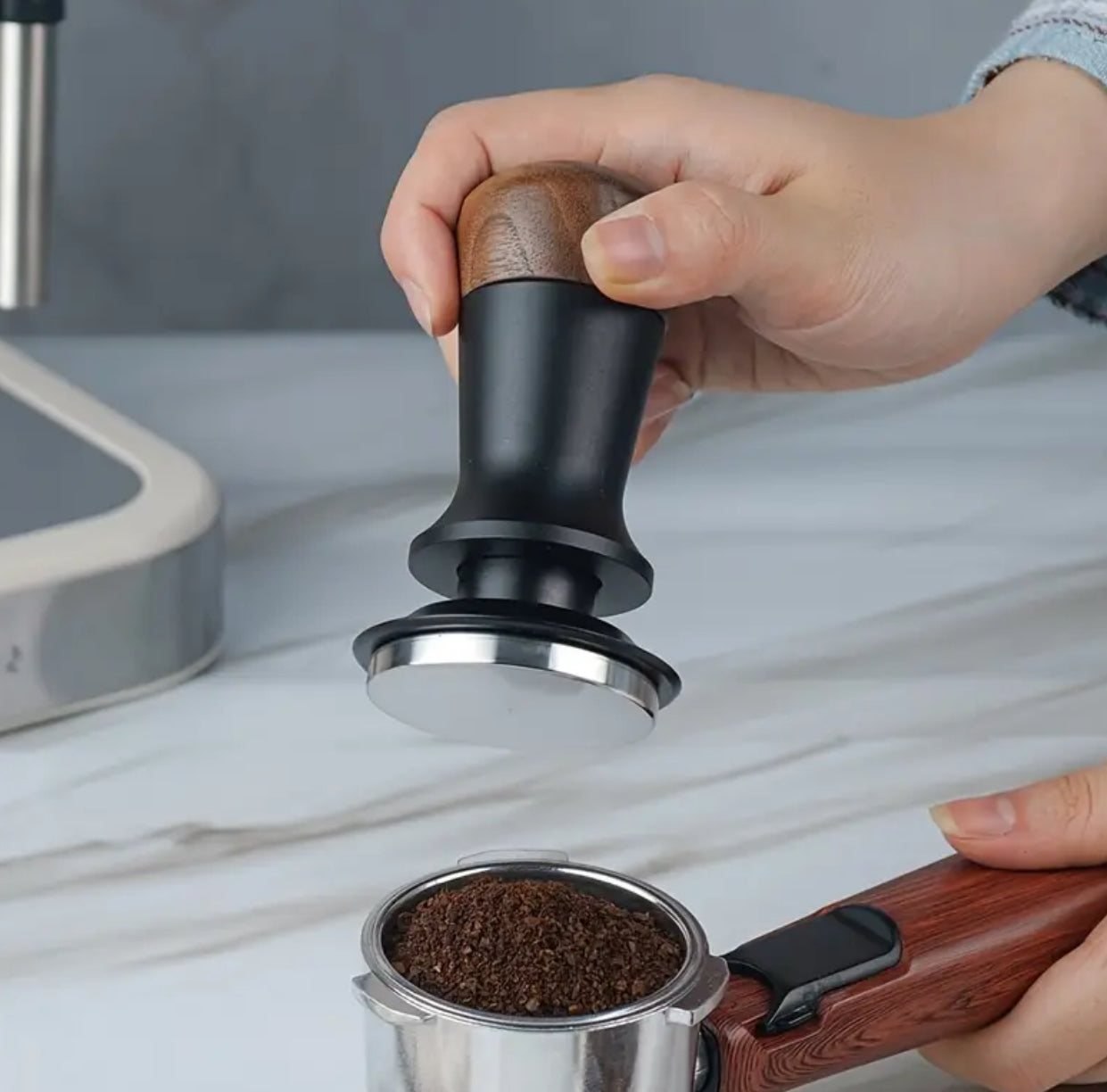 Edelstahl/Holz Tamper Druckregulierend  51 mm + 58 mm -Glatter Boden-